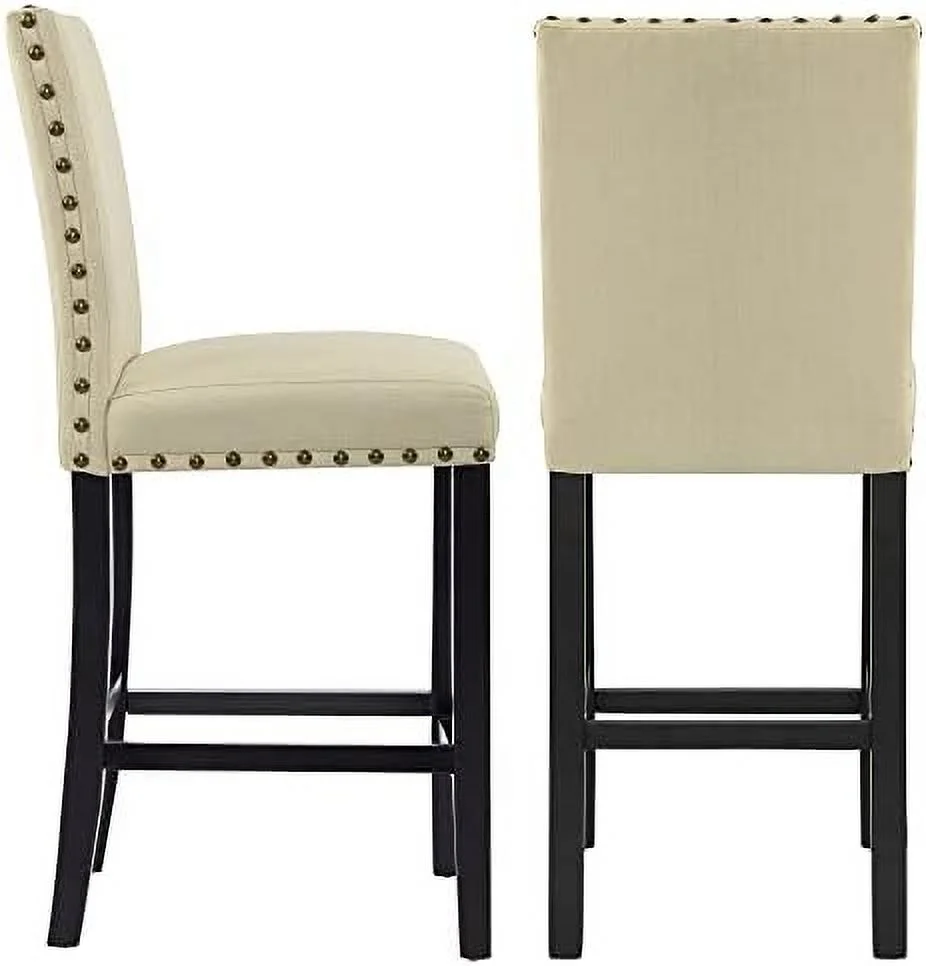 HYHBIBOOM Nailhead 24 Inches Counter Height Stools Upholstered  Stools with Solid Wood Legs   (Beige)