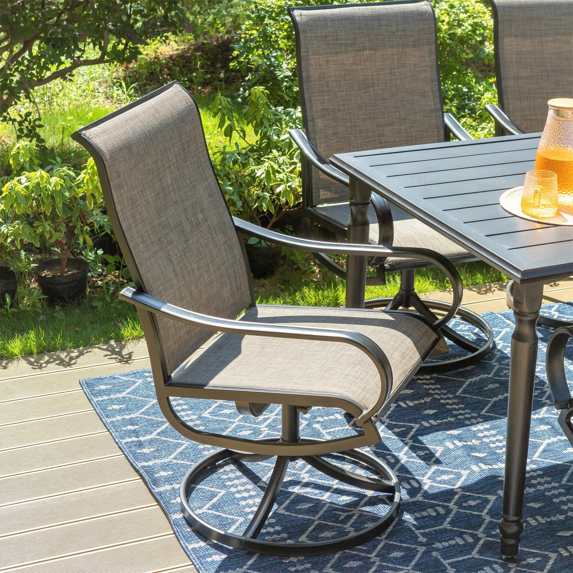 7-piece Metal Rectangle Patio Outdoor Dining Set with Slat Table and Textilene Swivel Chairs