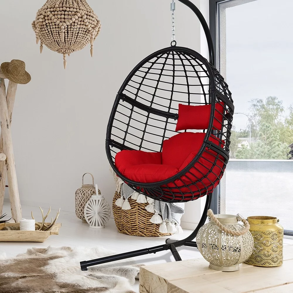 Abble Wicker Rattan Hanging Chair with Cushion and Stand - Black/Red