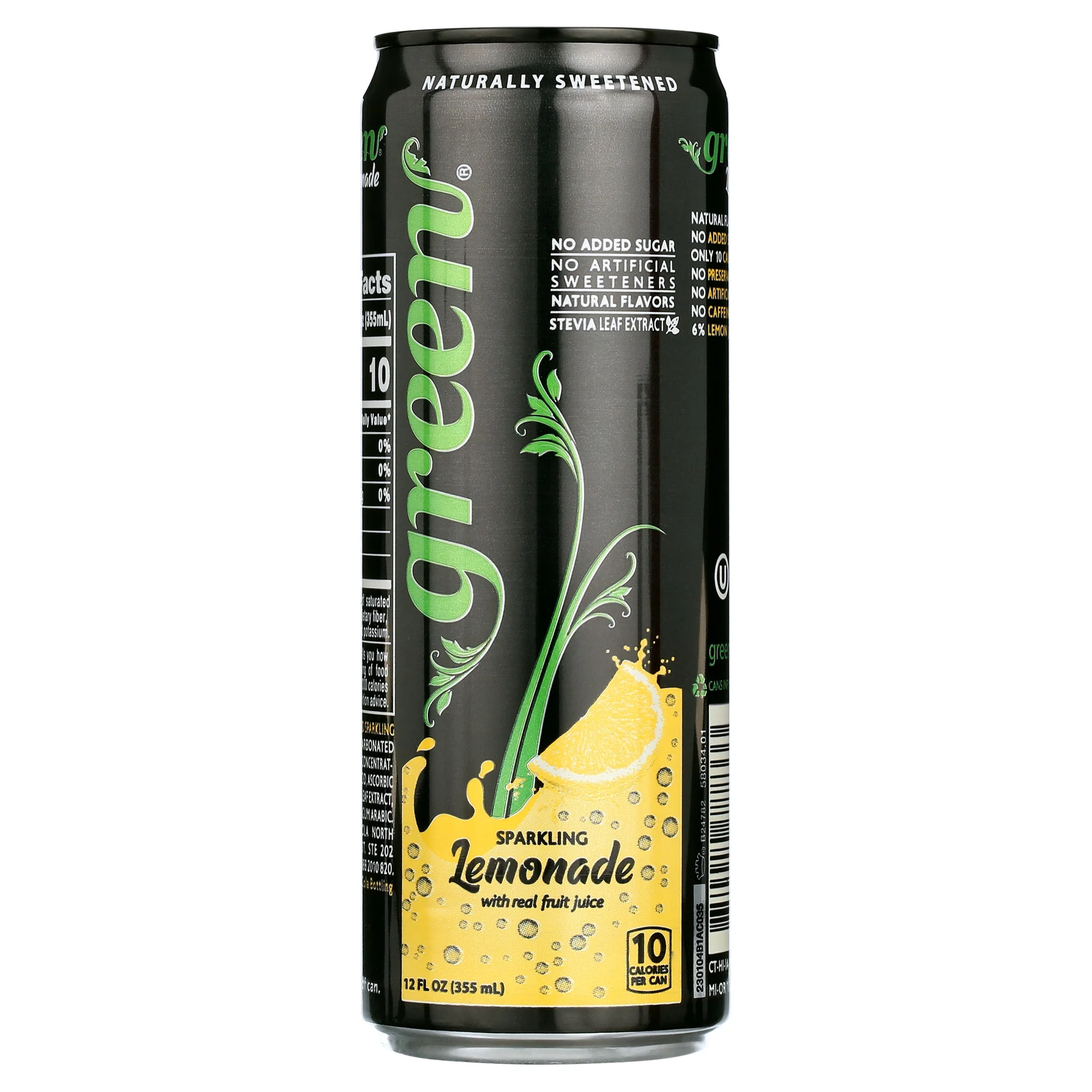 Green Lemonade No Added Sugar 6% Real Lemon Juice 10 Calories per can Naturally Sweetened with 100 Stevia Leaf Extract Carbonated Soda, Product Net Quantity 12 Fl Oz Each Can - 6 Pack