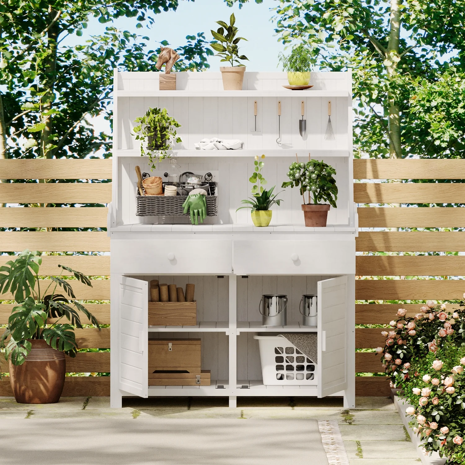 Ultimate Garden Organization and Entertainment with Stunning White TOPMAX 65-inch Garden Potting Bench Table  Featuring Spacious Storage Shelf  Convenient Drawer  and Stylish Cabinet  Mad