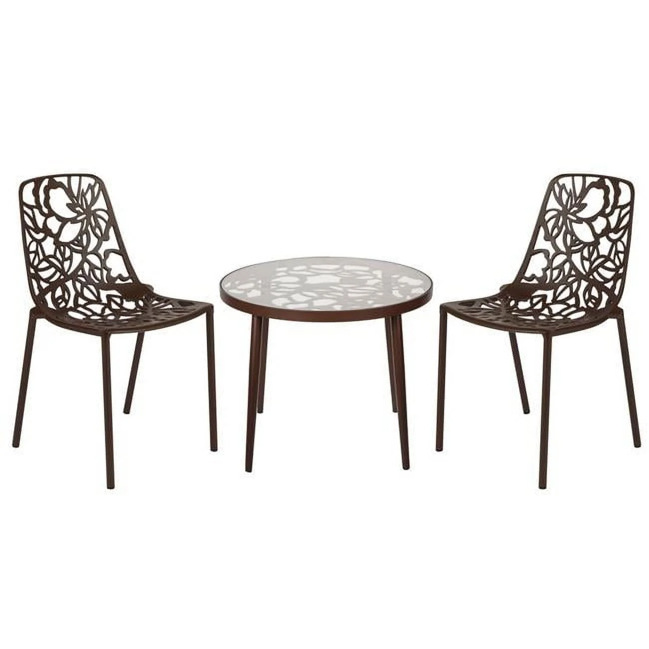 19 x 23 x 23 in. Devon Mid-Century Modern 3 Piece Aluminum Outdoor Patio Dining Set with Tempered Glass Top Table & 2 Stackable Flower Design Chair, Brown