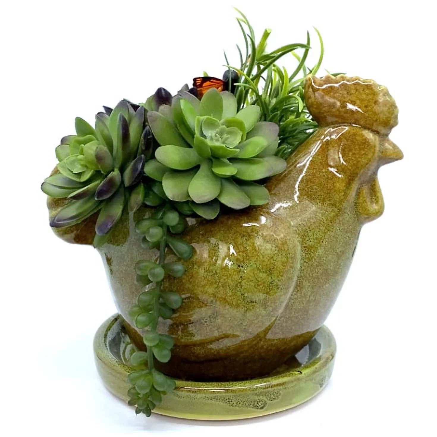 Planter Chicken Rooster Colorful Succulent Flowers Living Fake Artificial Indoor Outdoor Garden Pot Decor 7x6 (Green