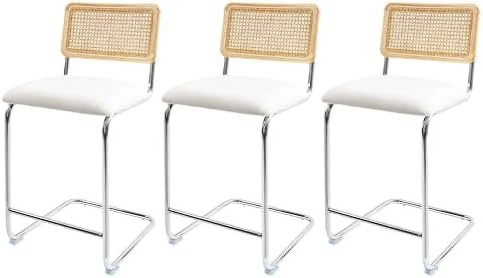 HBBOOMLIFE Black Modern Counter Height  Stools  with Natural Rattan Cane and Solid Wood Backs  24 Inch Upholstery with Metal Chrome Legs Mid Century  Chairs