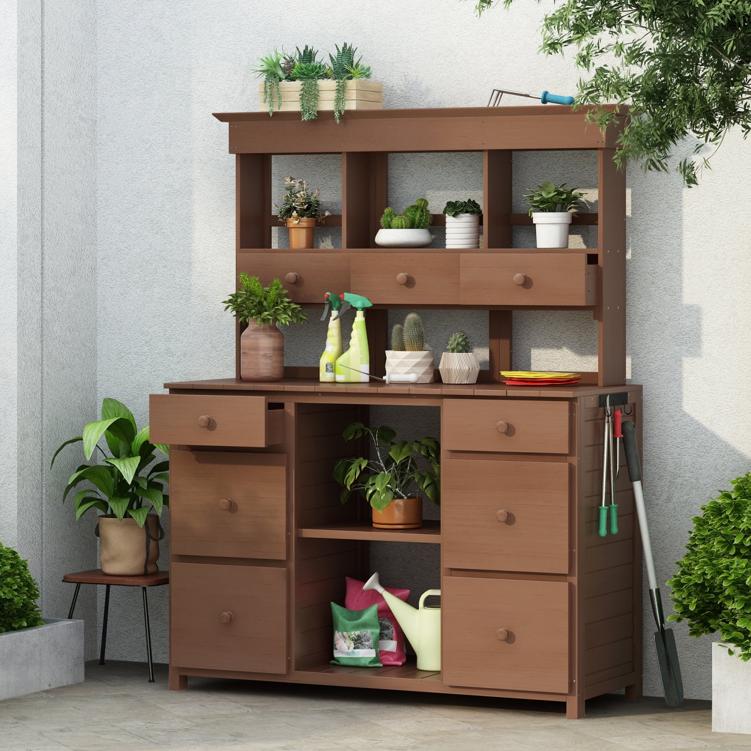 Rustic and Sleek Design TOPMAX Garden Potting Bench Table with Multiple Drawers and Shelves for Storage in Brown Color [Video Provided]