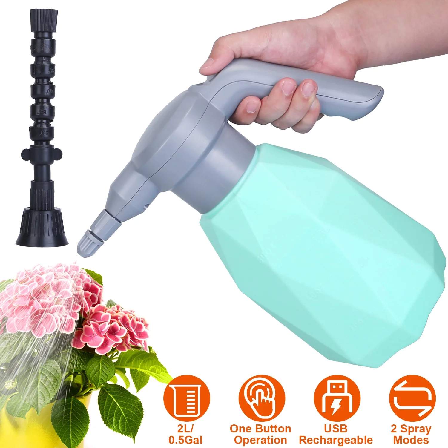 iMounTEK Electric Plant Watering Sprayer, Rechargeable Spray Bottle 2L Handheld Sprayer with 360° Adjustable Spout Ergonomic Lock Handle Design for Garden Plant Watering, Blue