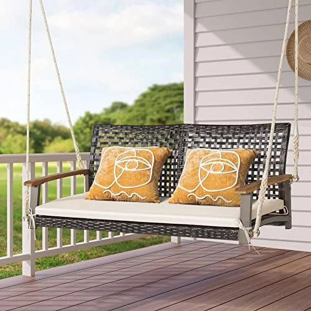 ASDRFYU 2-Seat Rattan Porch Swing Chair  Outdoor Wicker Swing Bench with Seat Cushion & Acacia Wood Armrests  Two 118\u201D Hanging Ropes Included  Patio Hanging Swing Chair for Front
