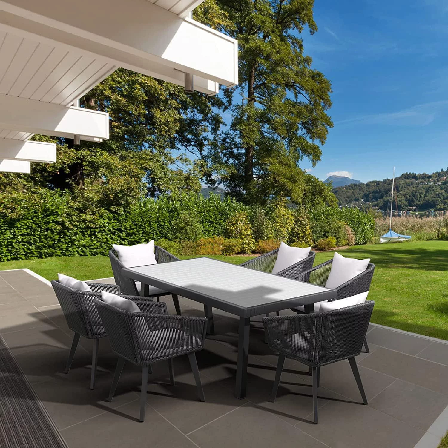 Wicker Dining Set  Handwoven Patio Table with 6 Chairs  Patio Furniture Set with All-Weather Aluminum Frame and Cushion