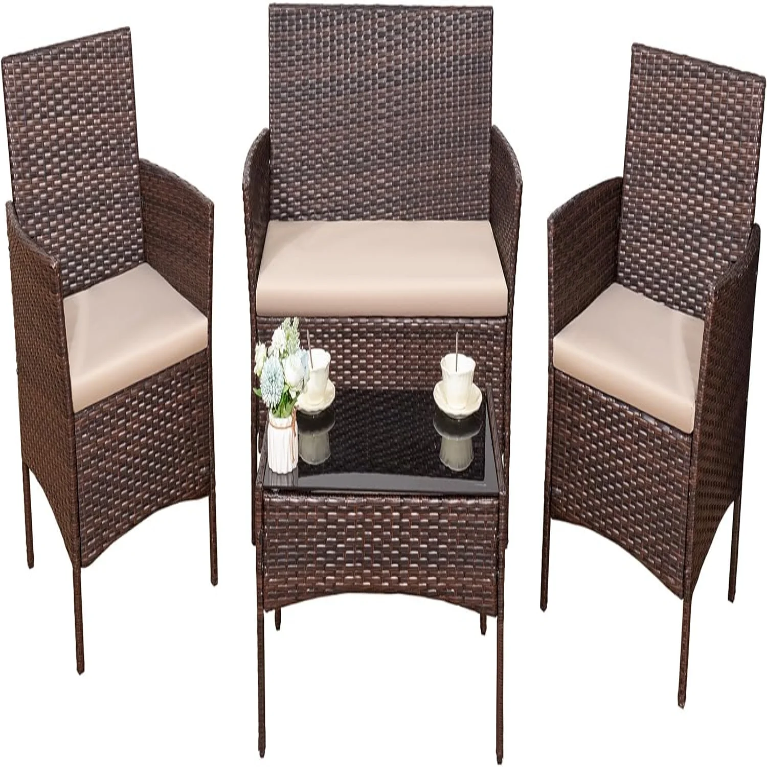4 Pieces Outdoor Patio Furniture Set  PE Rattan Wicker Chairs Balcony Lawn Porch Patio Furniture Sets with Beige Cushion and Table (Brown)