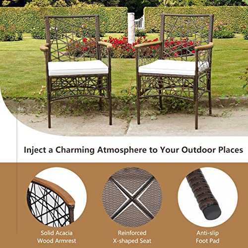 RELAX4LIFE 2-Piece Outdoor Dining Chairs, All-Weather PE Rattan Patio Armchairs with Acacia Wood Armrests and Removable Cushions, Outdoor PE Wicker Dining Chairs for Garden, Poolside, Backyard