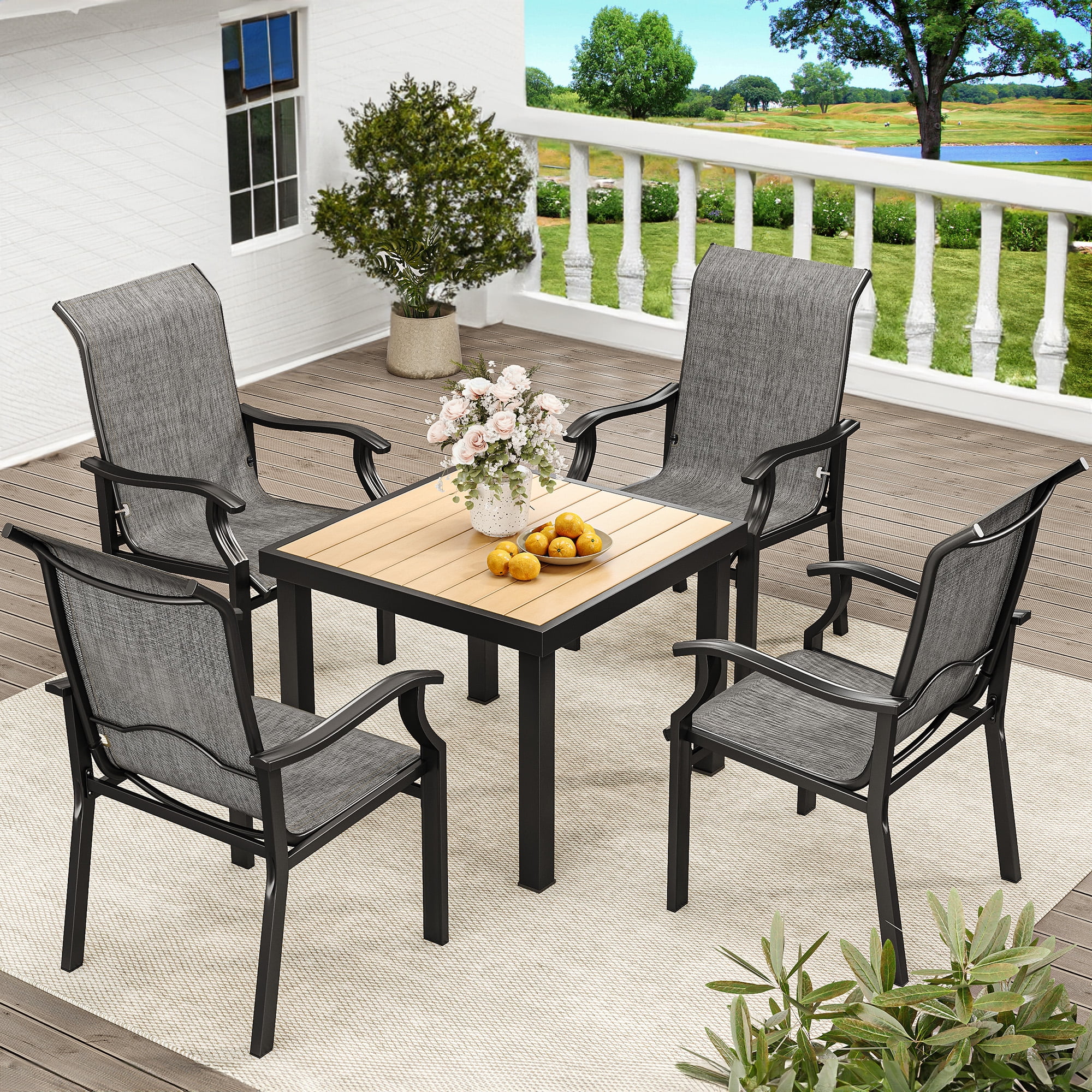 Dextrus 5-Piece Textile Patio Dining Set, Wood-Grain Square Table & 4 Dining Chairs, All-Weather Outdoor Dining Set for 4, Ideal for Backyard, Lawn, Deck, Porch - Gray