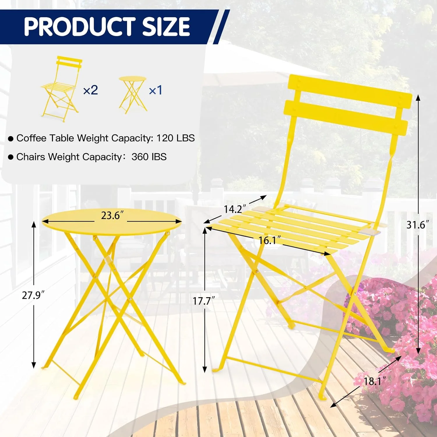 3-Piece Bistro Table and Chairs, Wrought Iron Bistro Set, Anti-Rust, Waterproof Folding Cafe Table and Chairs Set of 2, Foldable Small Bistro Set for Indoor/Outdoor/Porch/Lawn/Balcony/Small Space