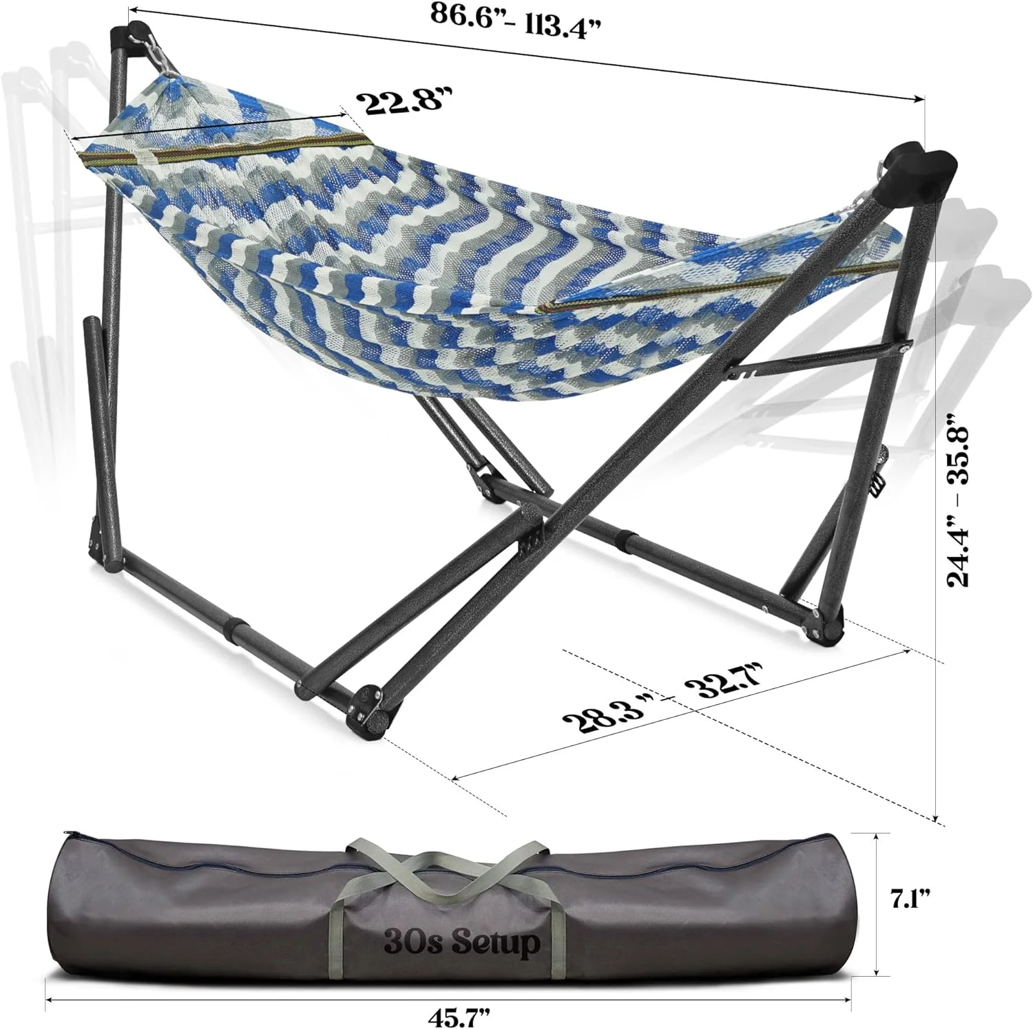 OUWI Uniki 550 lbs Capacity Double Hammock Stand for 2 Persons, Adjustable Hammock Stand, Collapsible Camping Hammock and Stand, Signature Steel Stand Breathable Polyester Hammock Net, Chevron