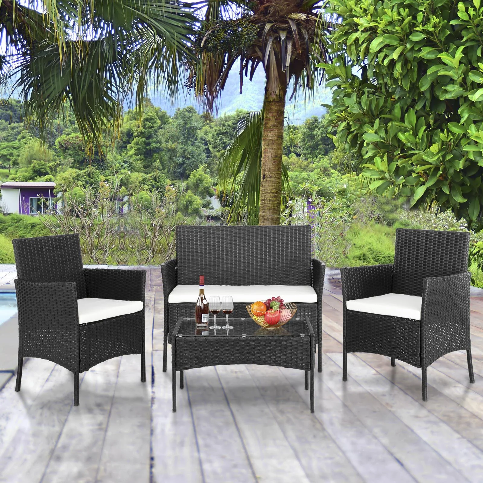 SamyoHome  4-Piece Outdoor Wicker Conversation Set, Black Rattan Conversation Furniture