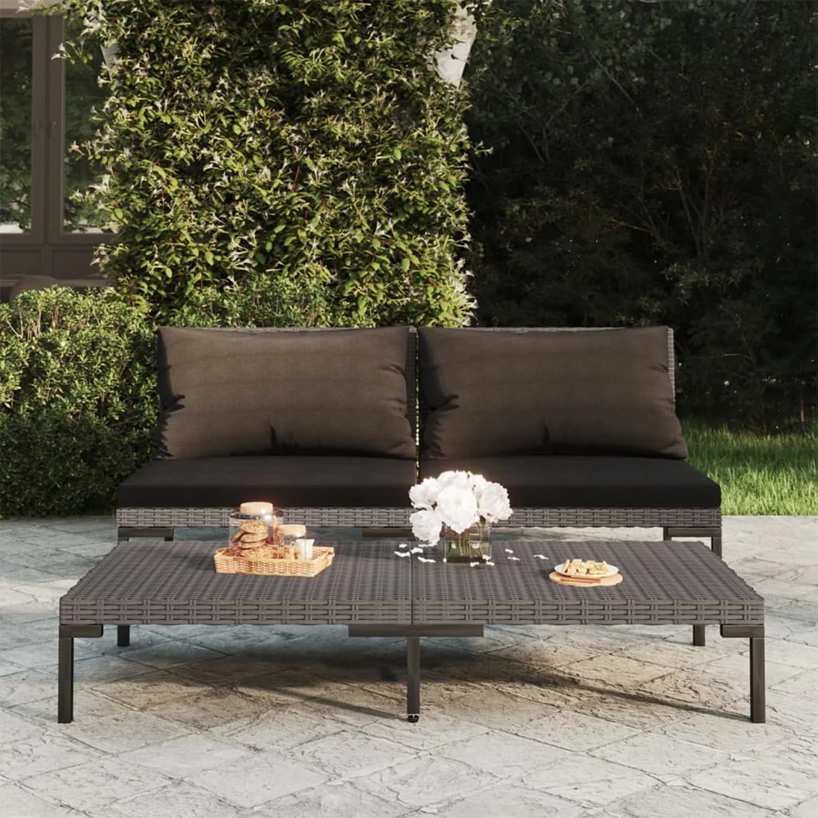 Anself 2 Piece Patio Sofas with Cushions Half Round Poly Rattan Dark Gray Sectional Sofa Set for Garden, Lawn, Courtyard, Balcony