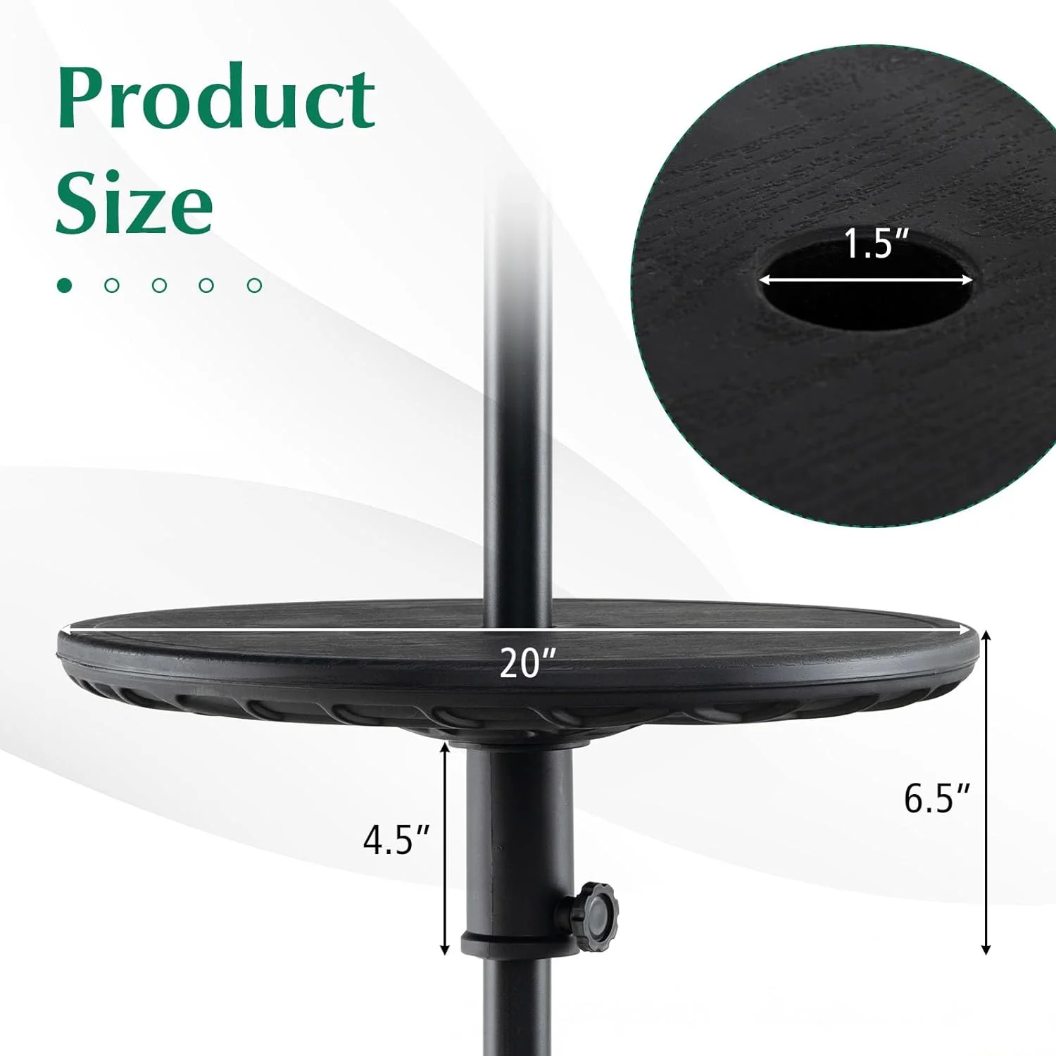 20” Outdoor Adjustable Umbrella Table, Round Umbrella Table Tray w/ 1.5” Umbrella Hole, Faux Wood Grain, Portable Round Table Top for Backyard, Poolside, Beach, Garden, Patio