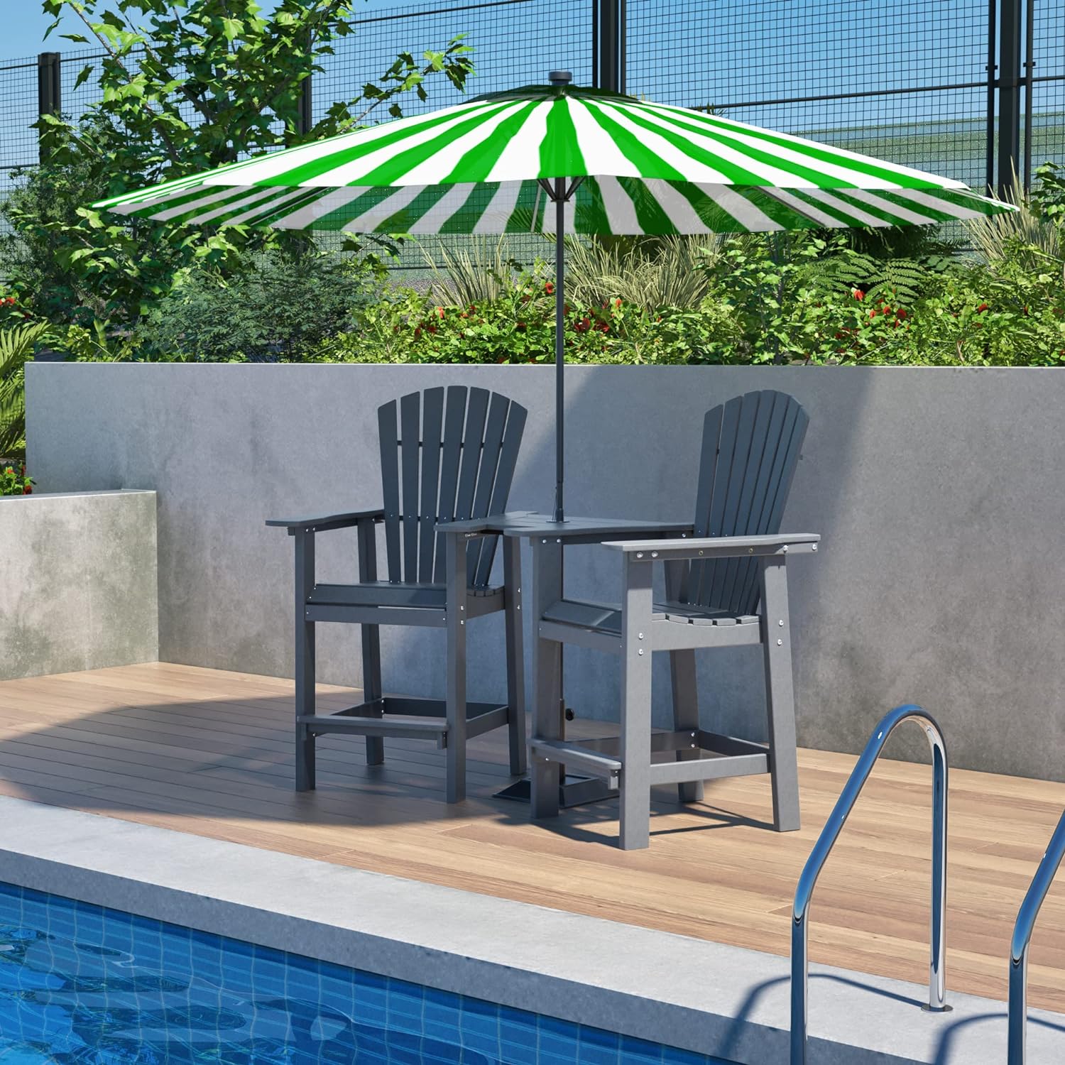 TORVA Outdoor Bar Stools Set of 2, HDPE Patio Bar Height Adirondack Chairs,Tall Barstools with Footrest for Kitchen,Poolside,Backyard,Garden (Tall-Grey