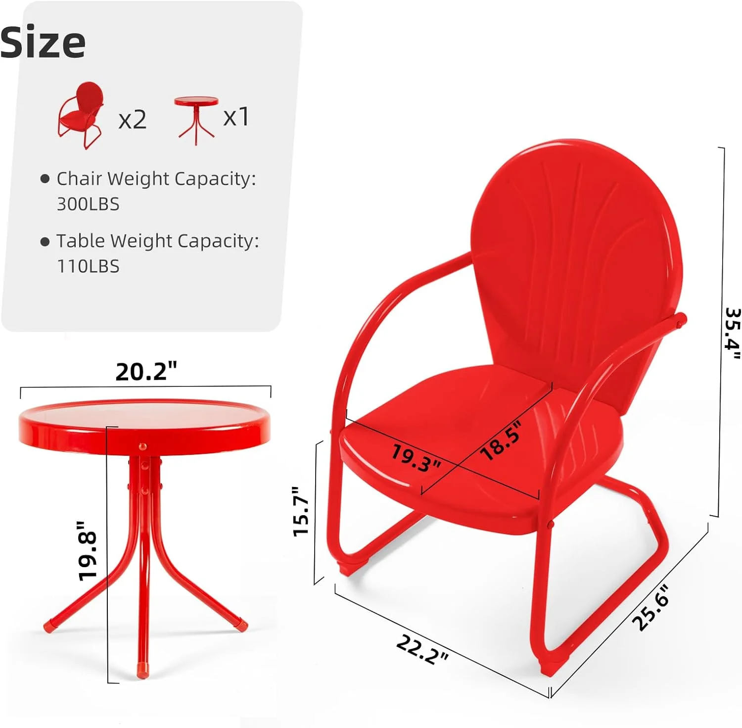 Patio Bistro Set Retro Metal Outdoor Seating Set Conversation Set 3 Piece, 2 C-Spring Motion Chairs and Side Table, Red