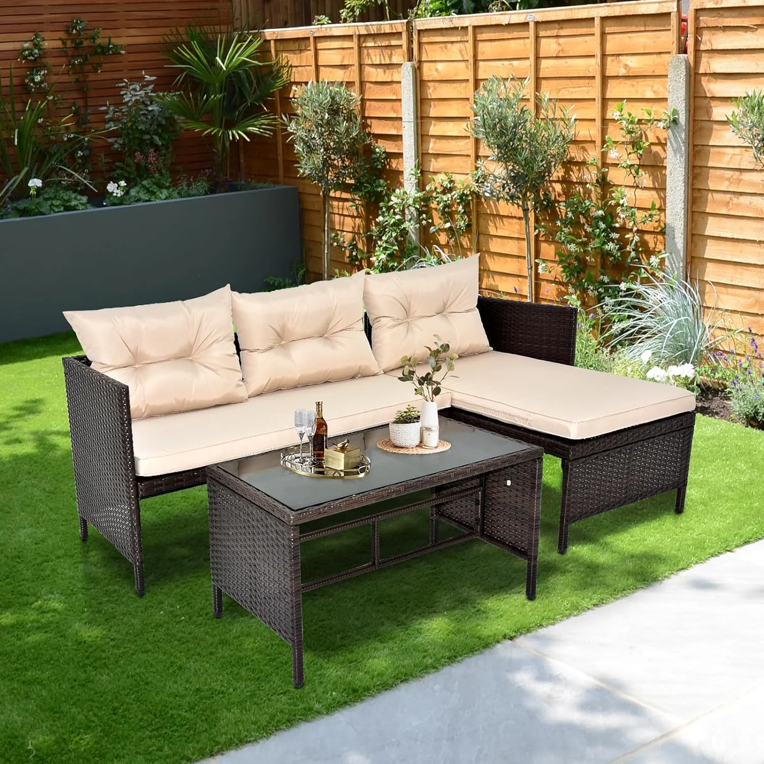 Dina Outdoor Couch  3 Piece Patio Furniture Set with Beige Cushions Conversation Weaving Wicker Rattan Sofa Sectional with Table and Chairs for Garden Poolside Deck Porch Lawn  Brown