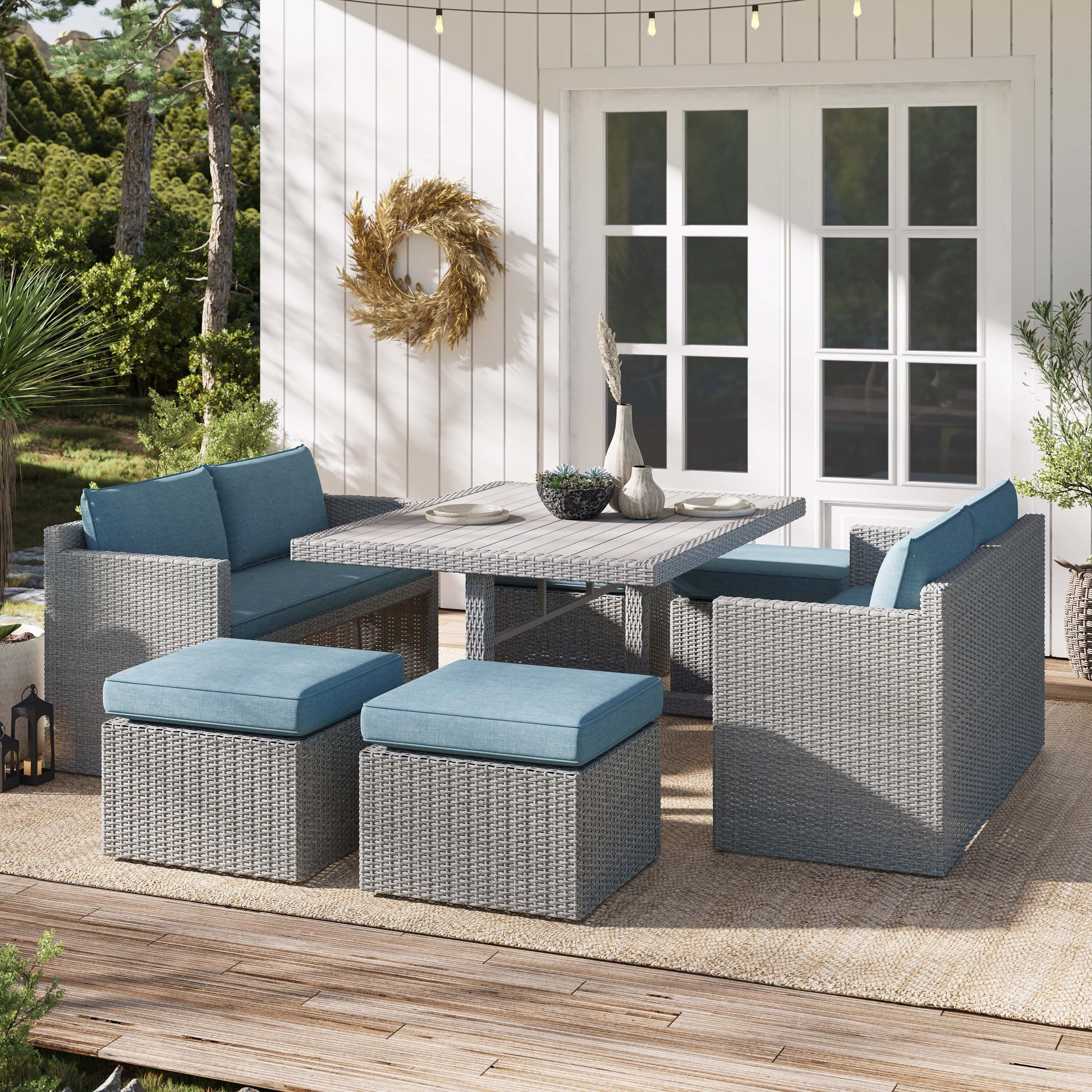 Corvus  Martinka Aluminum 7-piece Wicker Outdoor Patio Dining Set Blue