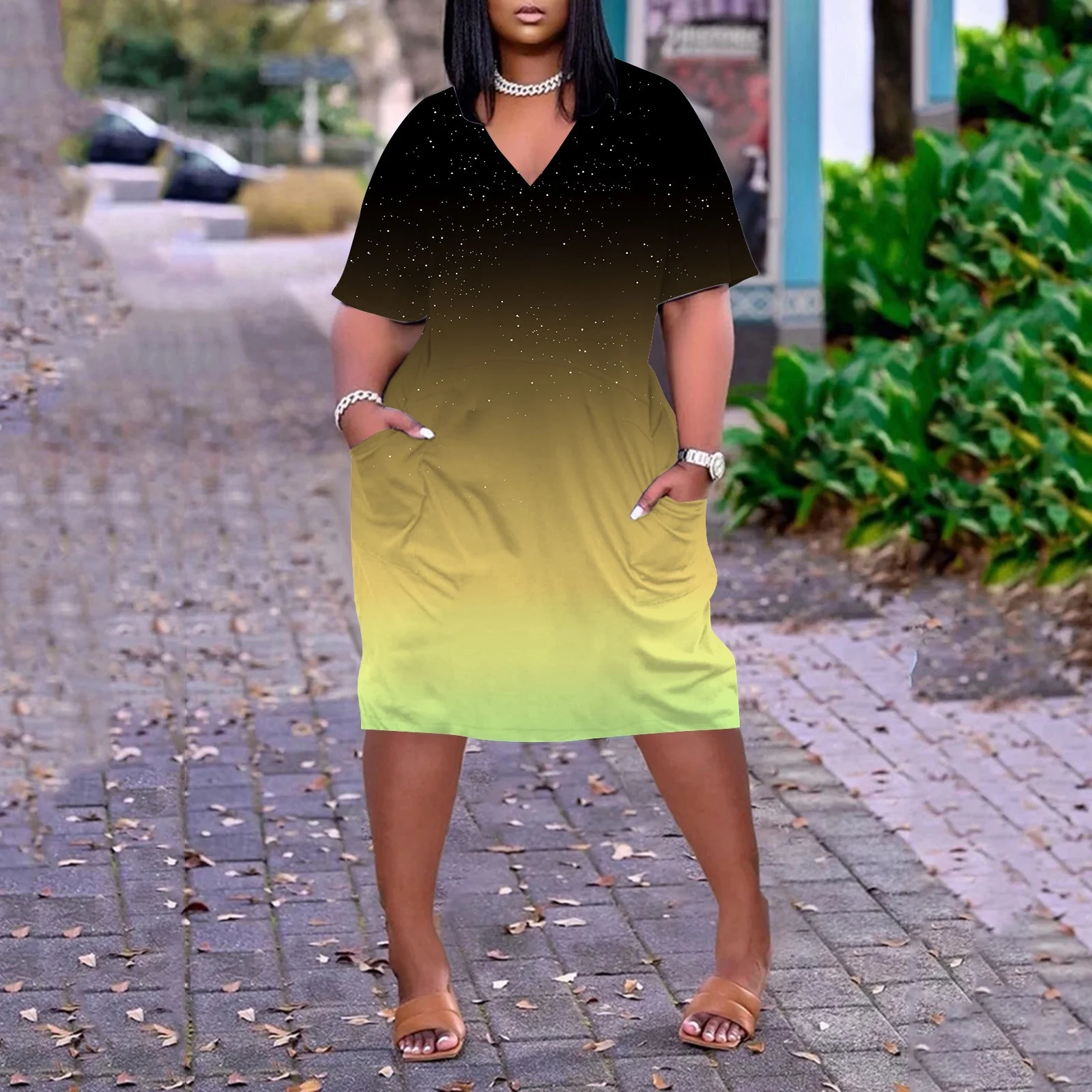 Autumn Cargo Skirt Women'S Large Size Gradient Printed V Neck Comfortable Loose Dress Short Sleeved Knee Length Dress With Pockets Skirts For Women Trendy Summer