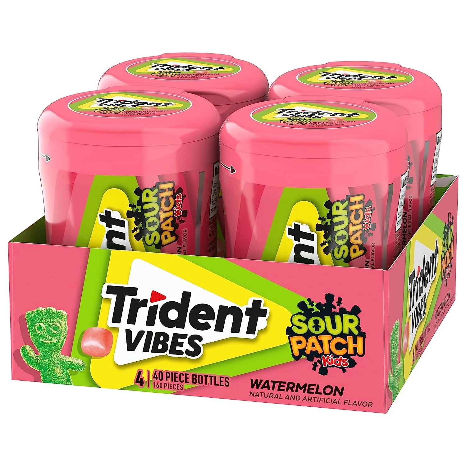 Trident Vibes SOUR PATCH KIDS Watermelon Sugar Free Gum, 4 Bottles of 40 Pieces 160 Total Pieces