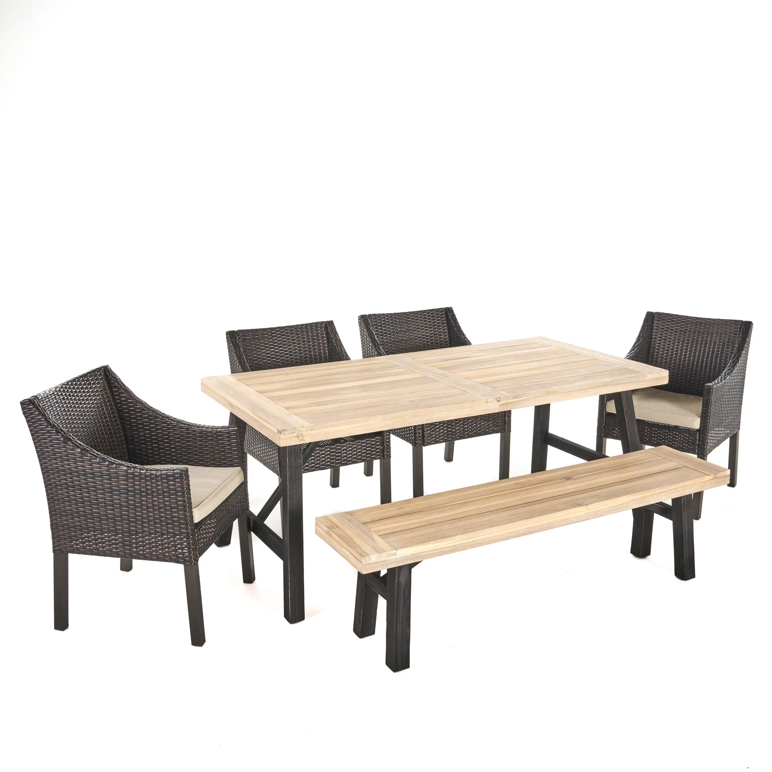 GDF Studio Tatum Outdoor Wicker and Acacia Wood 6 Piece Dining Set with Bench, Brushed Gray, Multibrown, and Beige