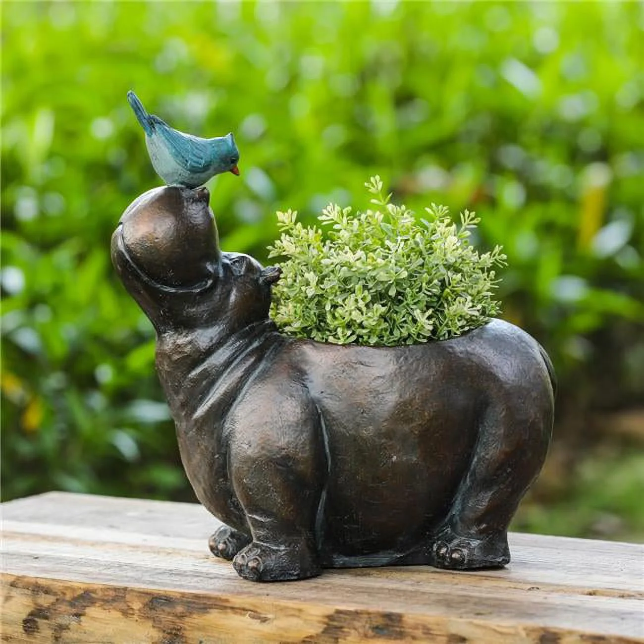 LuxenH-me  Brown Hippo and Blue Bird MgO Flower Pot Planter