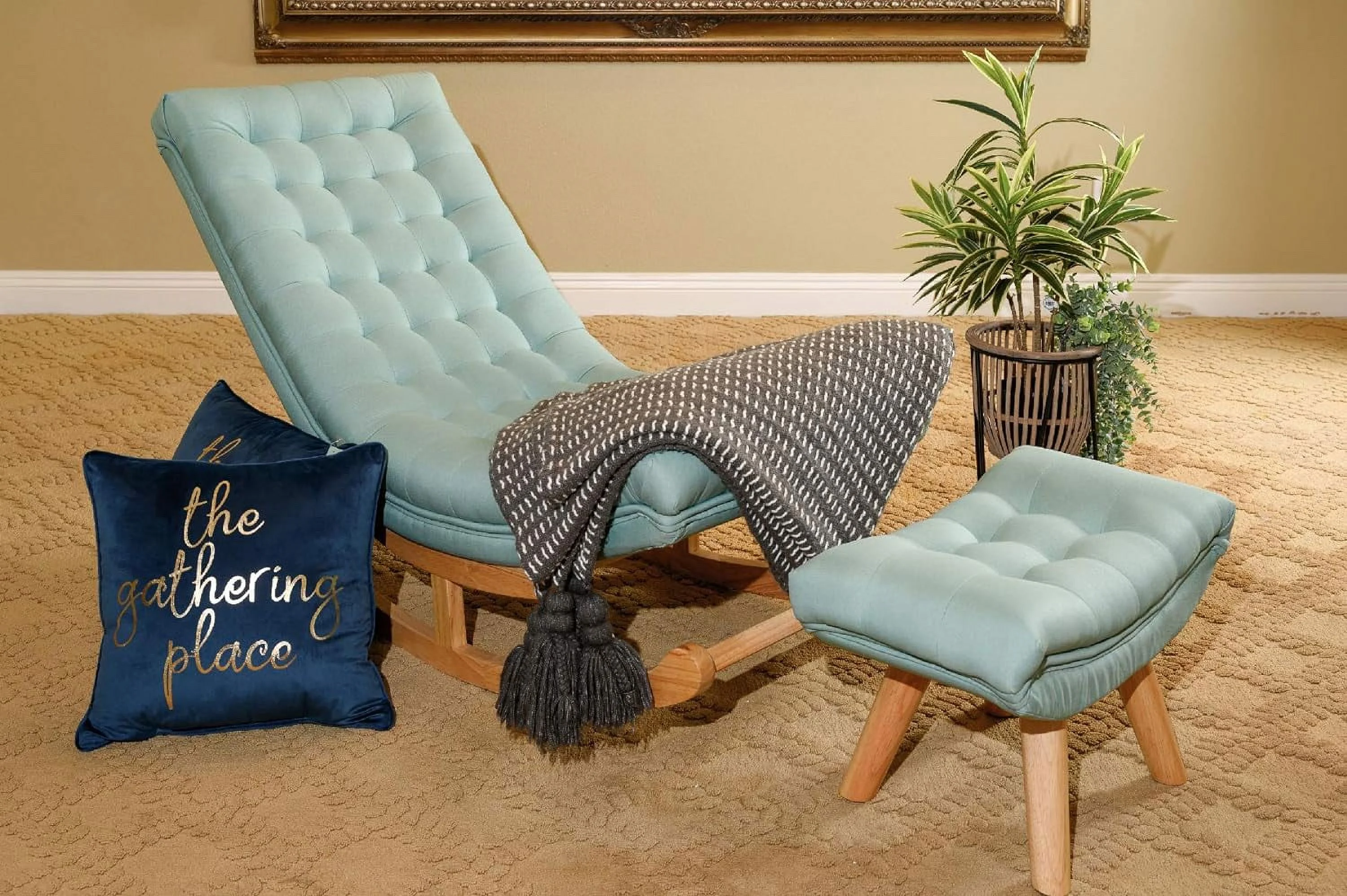 Rocking Lounge Chair Soft Fabric Cushion Living Room Chair Wooden Legs Footrest Chair Indoor Outdoor Use (Teal)