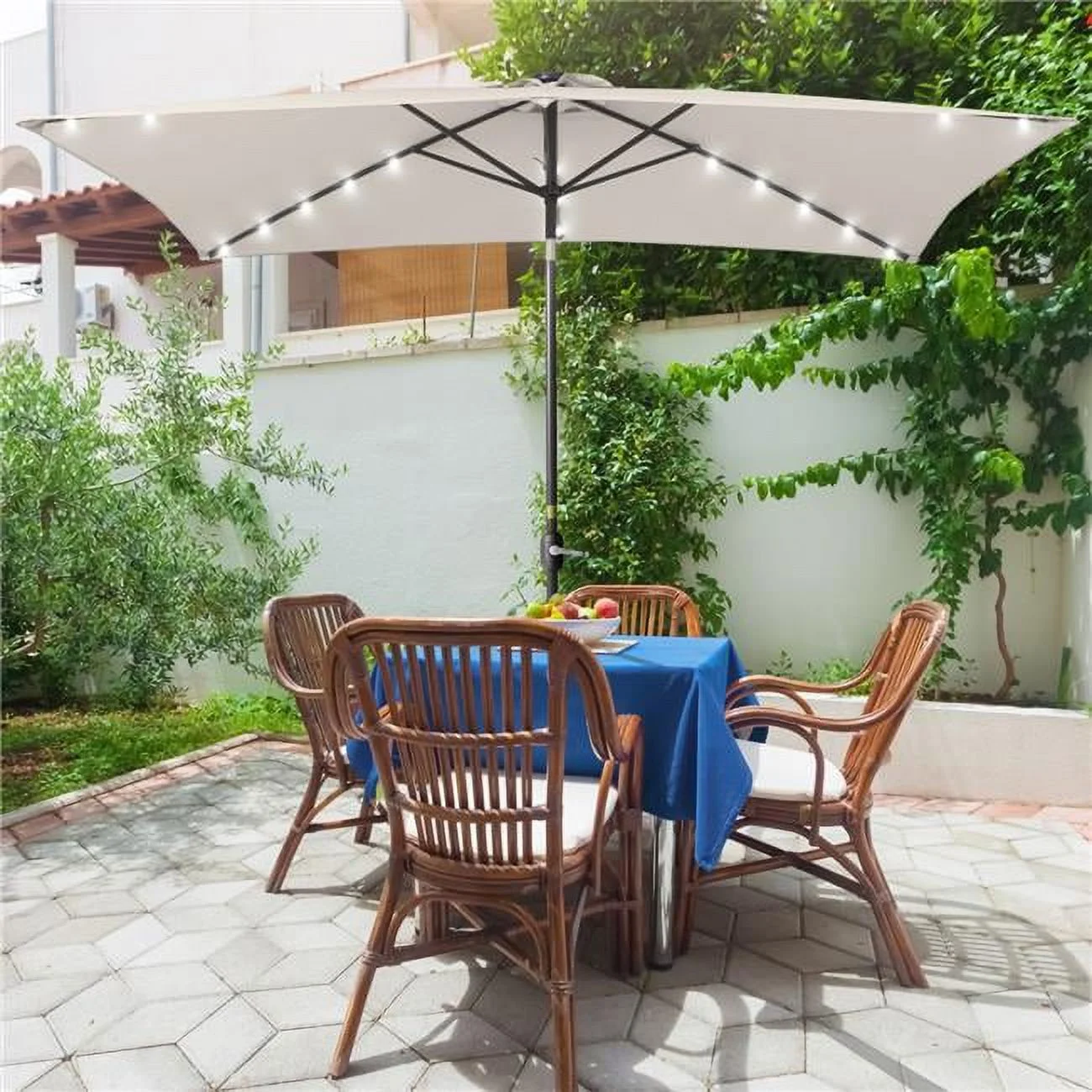 10 ft. x 6.5 ft. Rectangle Solar LED Outdoor Patio Market Table Umbrella with Push Button Tilt and Crank in Beige