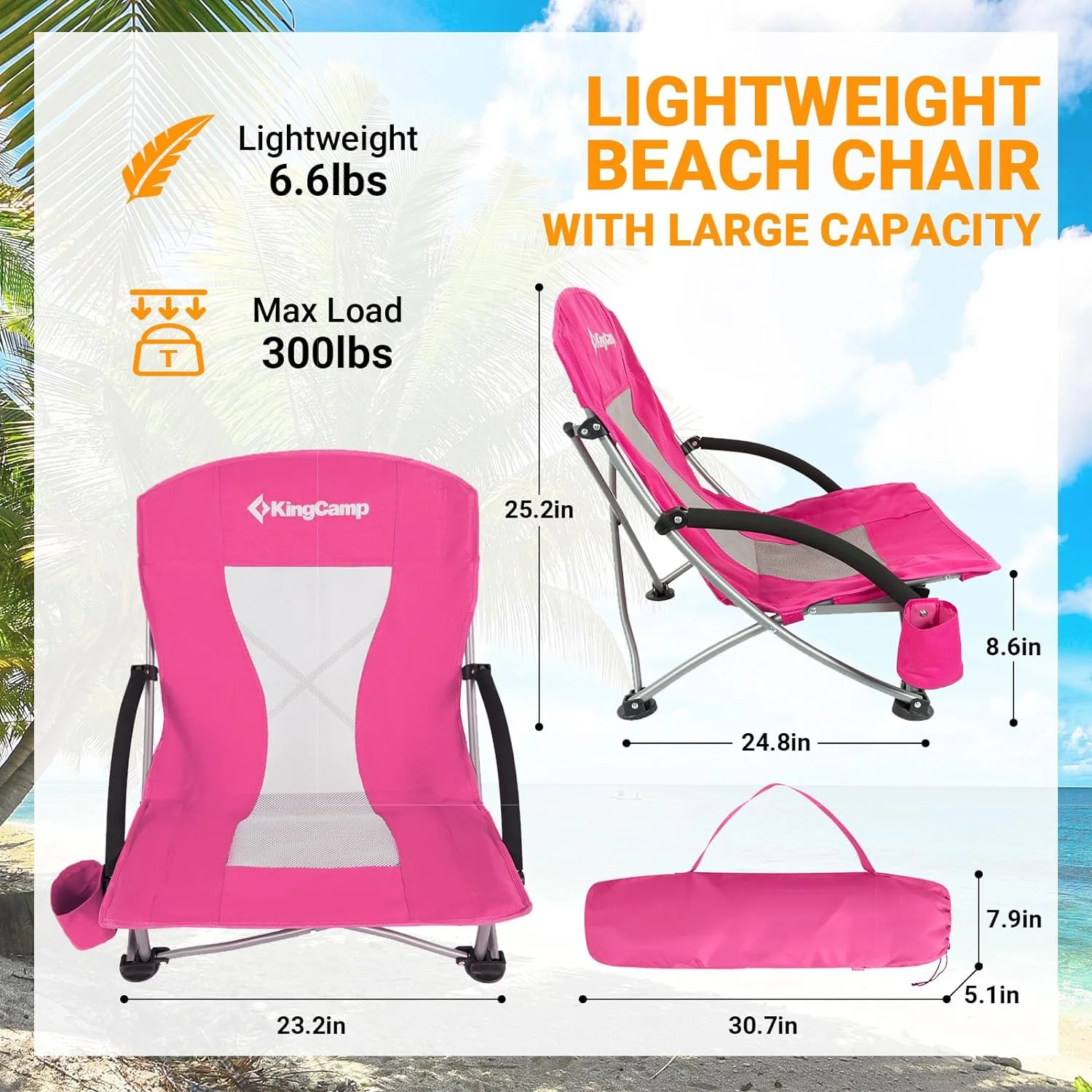 KingCamp Low Beach Chair 2 Pack Folding Portable Lightweight Backpack Chair for Adults with Cup Holder Pocket Carry Bag for Outdoor Camping Concert Festival Travel Sports Lawn Sand, Rose