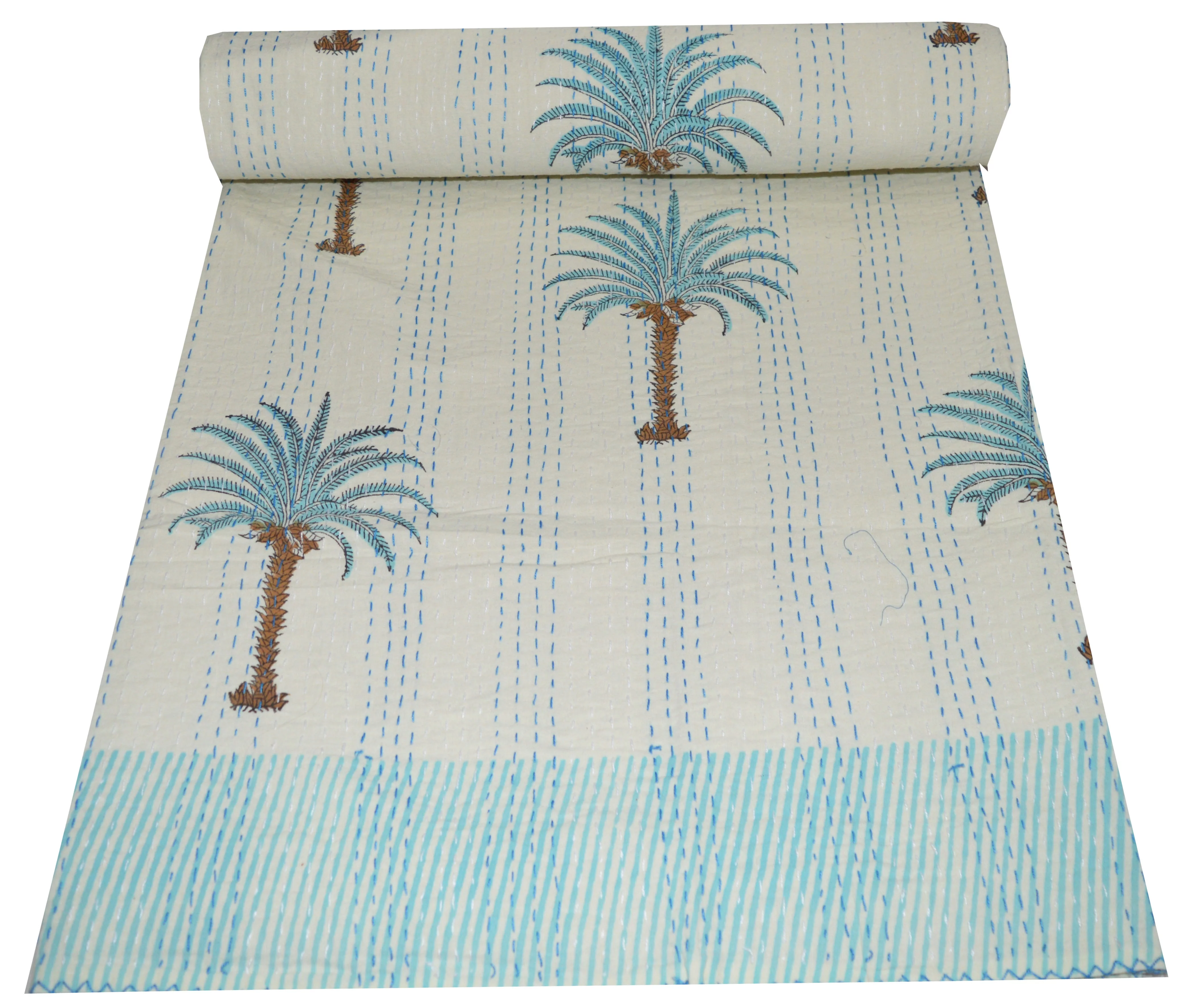 Indian Hand Block Print Kantha Quilt Twin Queen Size Vintage Look Kantha Throw Gudari Blanket Bedspread Coverlet Quilt Bedding Cover Palm Tree