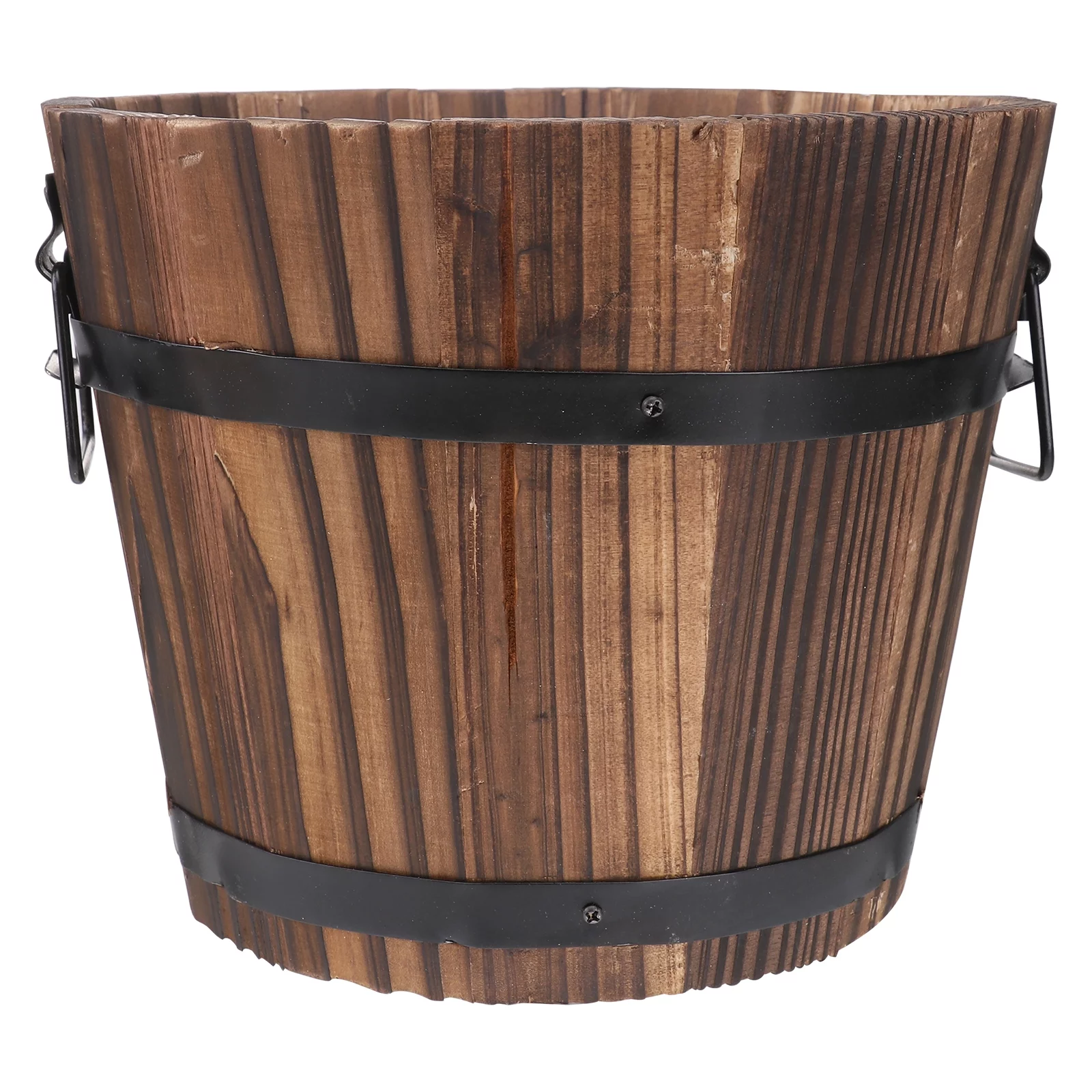 NUOLUX Wooden Round Barrel Planter Flower Pots Home Office Garden Wedding Decor (Flat Mouth/Large/Brown/19x14x15cm)