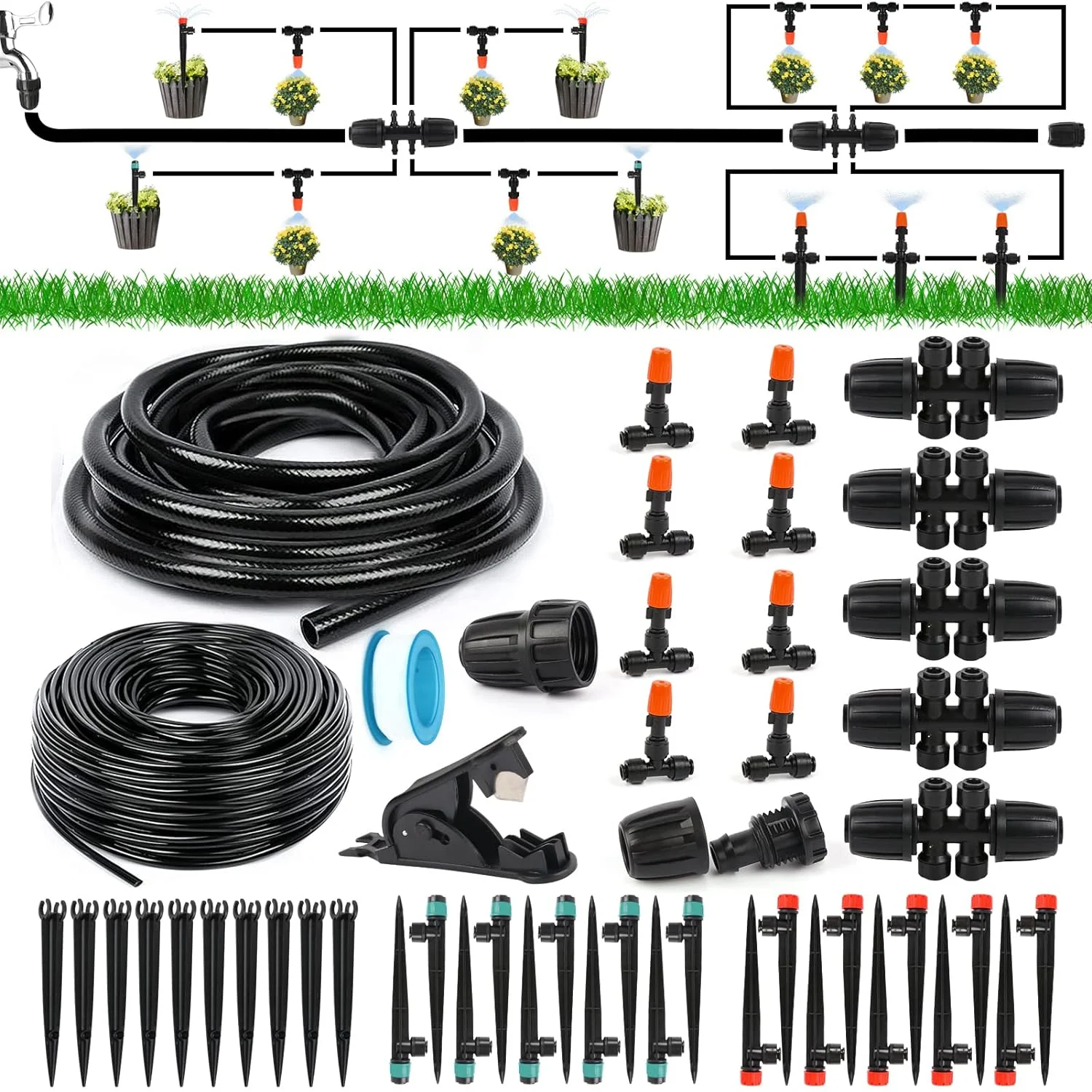 Upgraded Drip Irrigation Kits, 118FT New Quick Connectors Garden Plant Watering Sprinkler System with 1/4 1/2 Tubing Hose, Mist Cooling Automatic Irrigation System for Garden Lawn, Patio