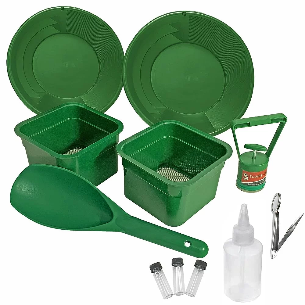 Portable Prospecting Kit; Two Mini Classifiers With Two Spiral Pans, Plastic Shovel Or Pay Dirt And Black Separator Magnet