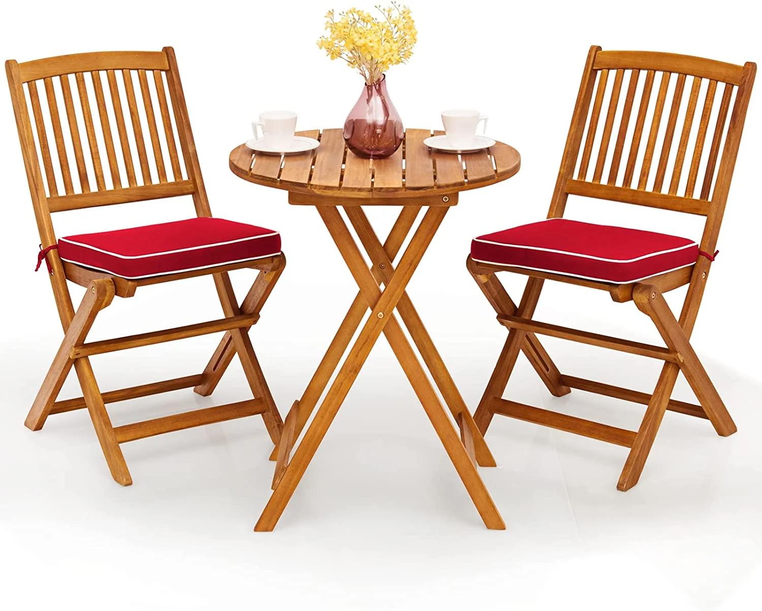 CLKHGFAR VGYUIJN 3Pcs Patio VGYUIJN  Wood VGYUIJN Set  2 Cushioned Chairs for Garden Yard  Outdoor VGYUIJN Round VGYUIJN (Natural & Beige)