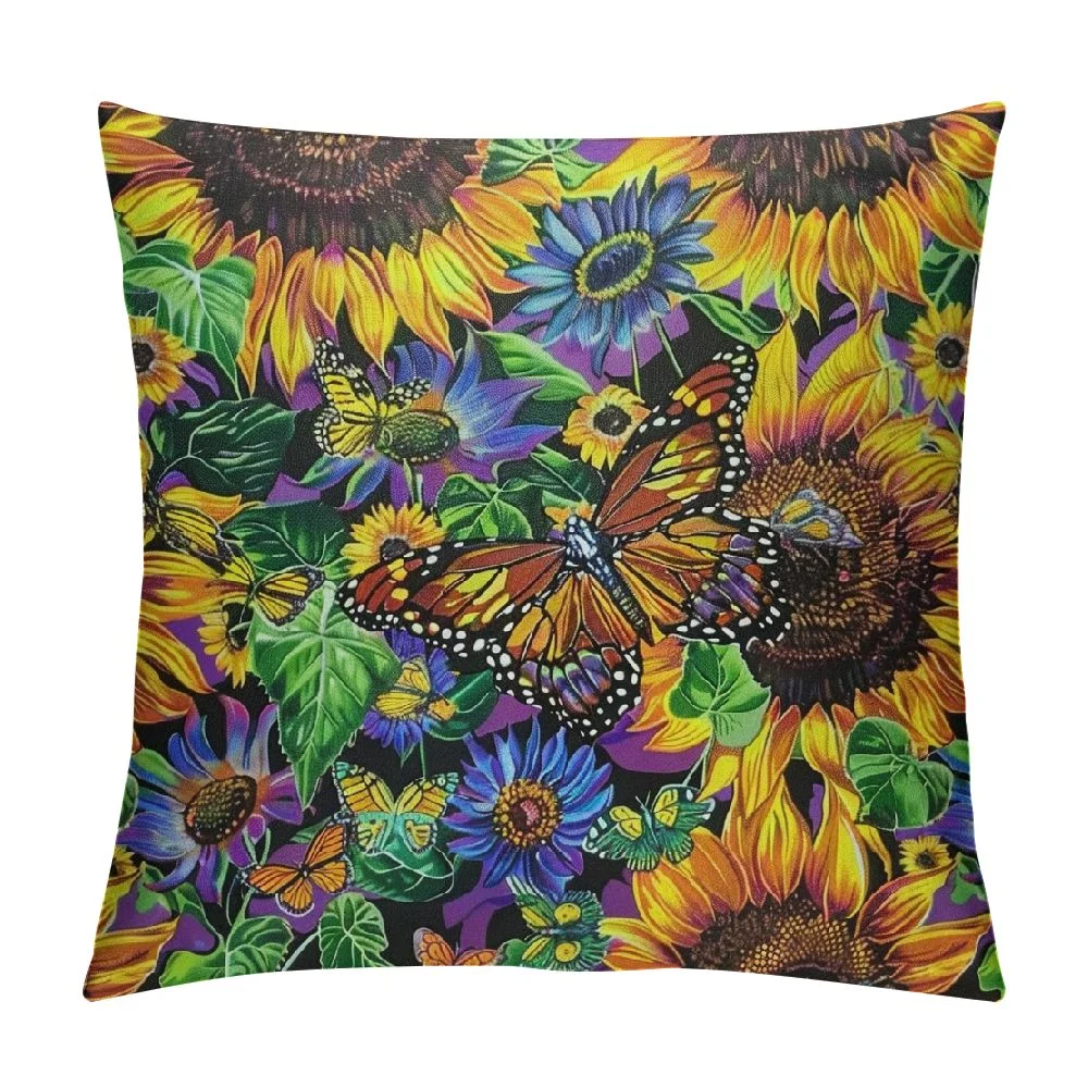 Patifu Purple Butterfly Pillow Cover Retro Watercolor Sunflower Leaves Pillow Case for Kids Teens Adults Botanical Floral Rustic Garden Style Cushion Cover for Room Decor Chairs 22x22 Inch White