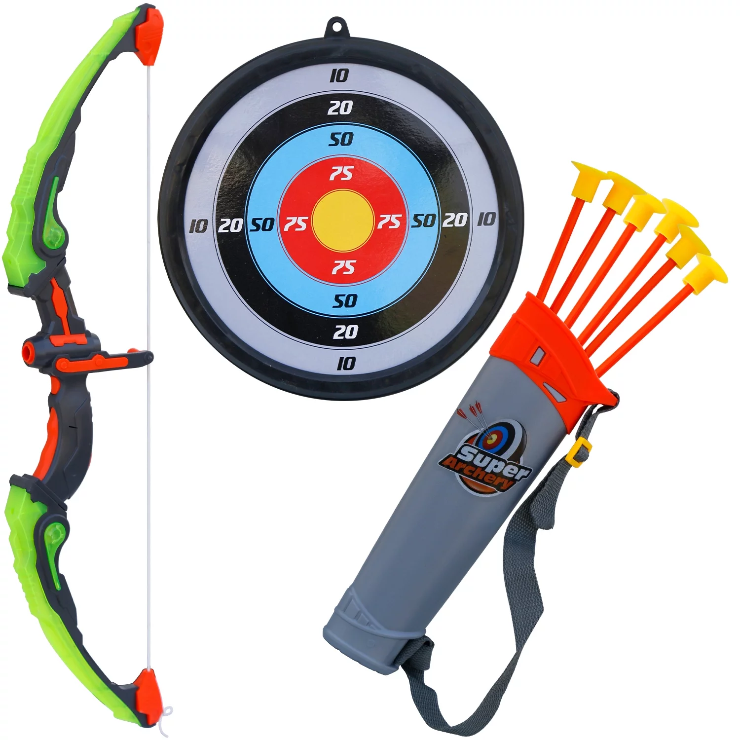 AZToys Light Up Bow and 6 Arrow Archery Play Set for Kids For Outdoor Hunting Play with Durable Arrows, Quiver and Target