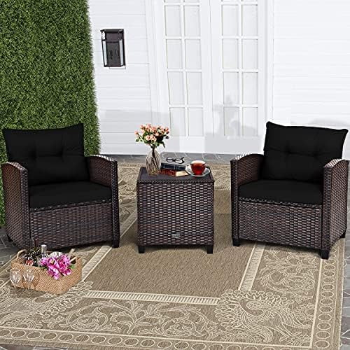 xrboomlife 3 Piece Patio  Set  Wicker Bistro Conversation Set w/ 2 Cushioned Armchairs & Glass Topped Table  Outdoor Rattan Sofa Set Patio  for Porch Balcony Poolside (White)