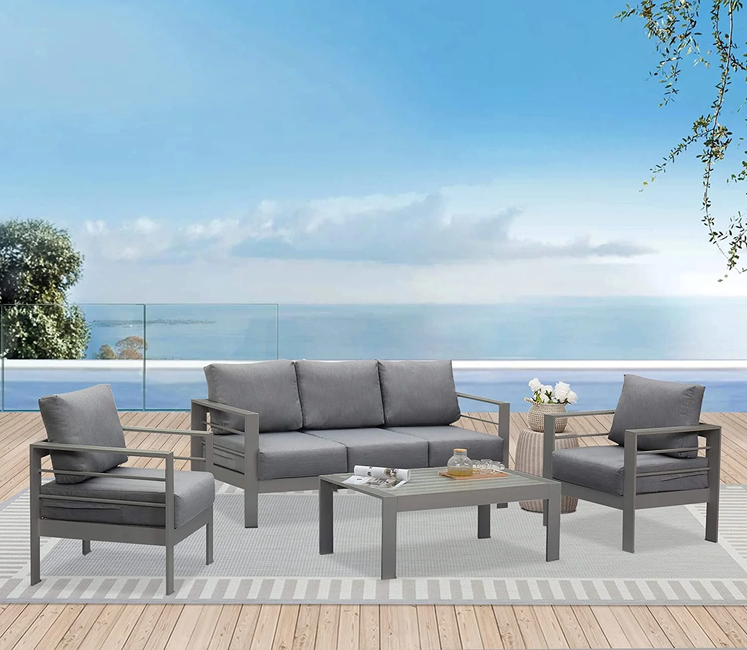 Aluminum Patio Furniture Set  4 Pcs Modern Outdoor Conversation Set Sectional Sofa with Upgrade Cushion and Coffee Table Grey