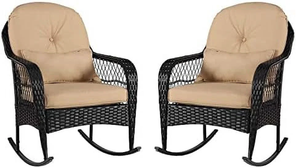 LNSETGC 2pcs Outdoor Wicker Rocking Chair - Garden Patio Yard Porch Lawn Balcony Backyard  All- Weather Wicker Rocker Chair with Cushions (2PCS Khaki)