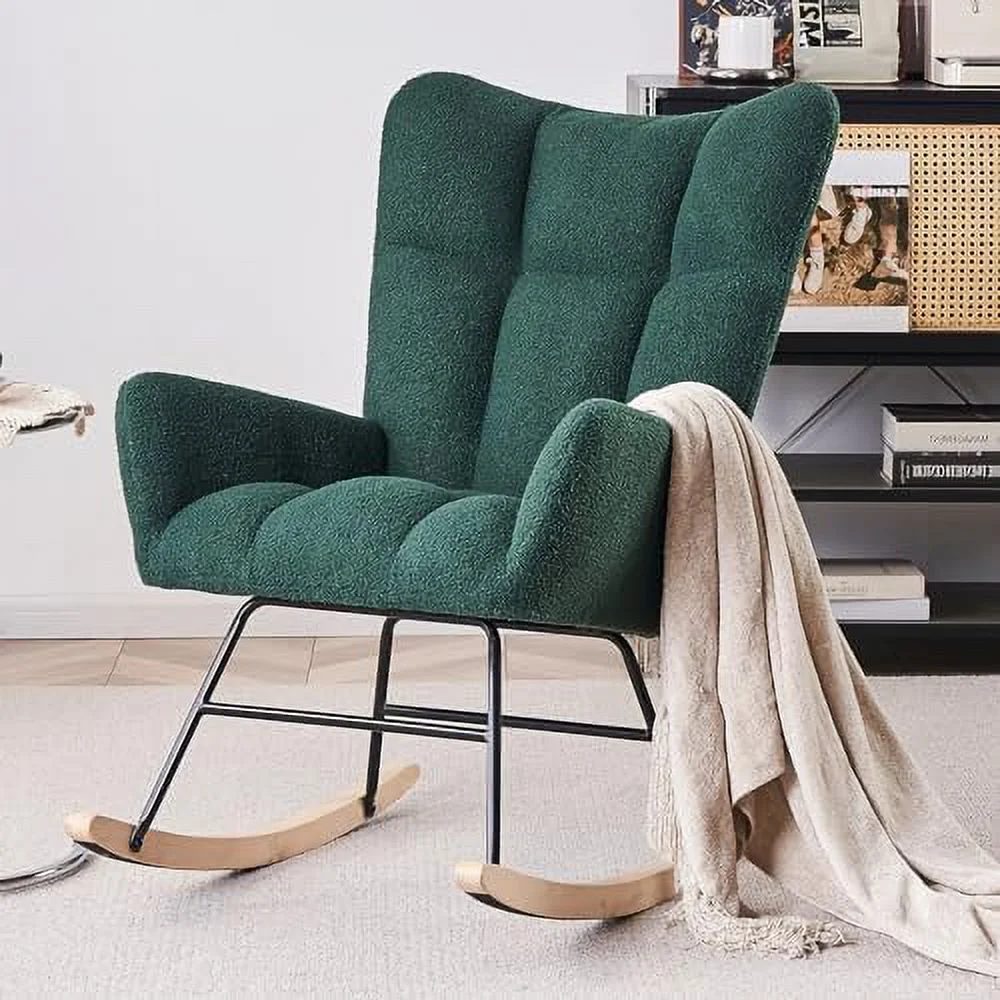 QUGDXVBN Modern Nursery Rocking Chair  Upholstered Glider Chair with High Backrest  Rocker Accent Armchair with Solid Wood Legs for Nursery Bedroom Living Room (Light Blue Teddy)