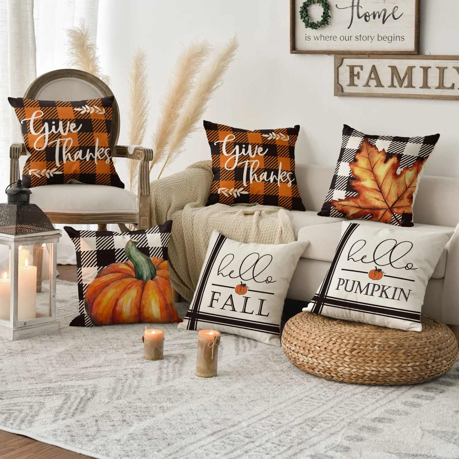 Smile Buffalo Check Plaid Fall Throw Pillow Covers 18 x 18 Set of 4 Maple Leaf Hello Pumpkin Beige