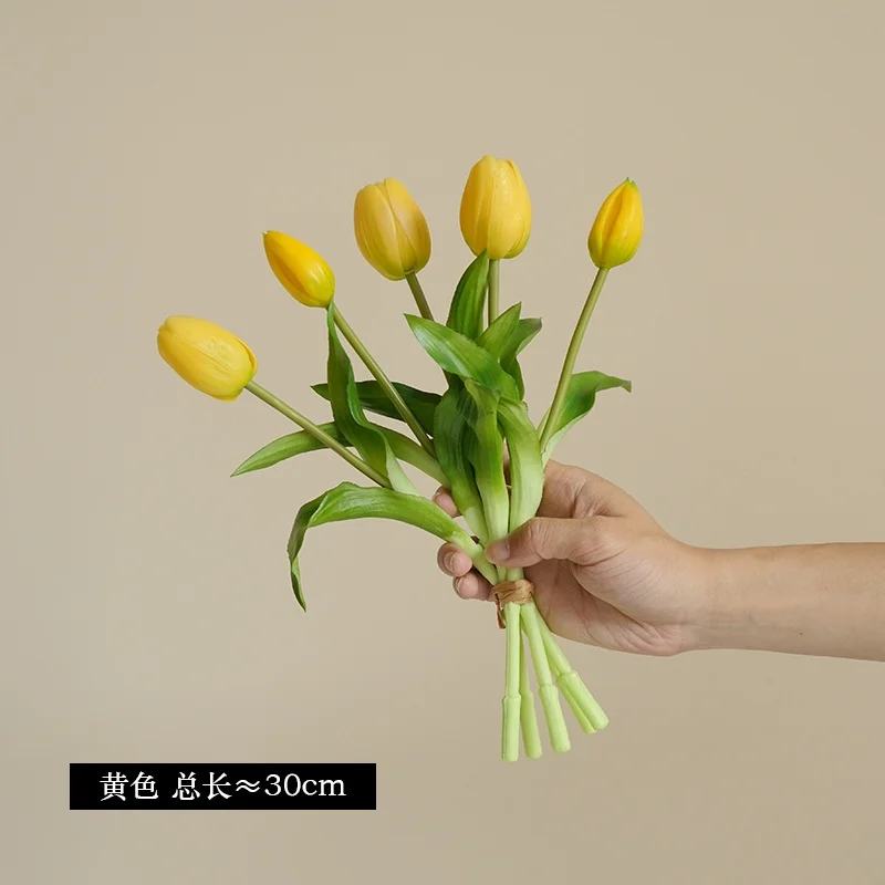 LivNxt Short Stem 5-Head Soft Touch Tulip Bouquet - Artificial Flowers for Home Decor and Cross-Border E-commerce