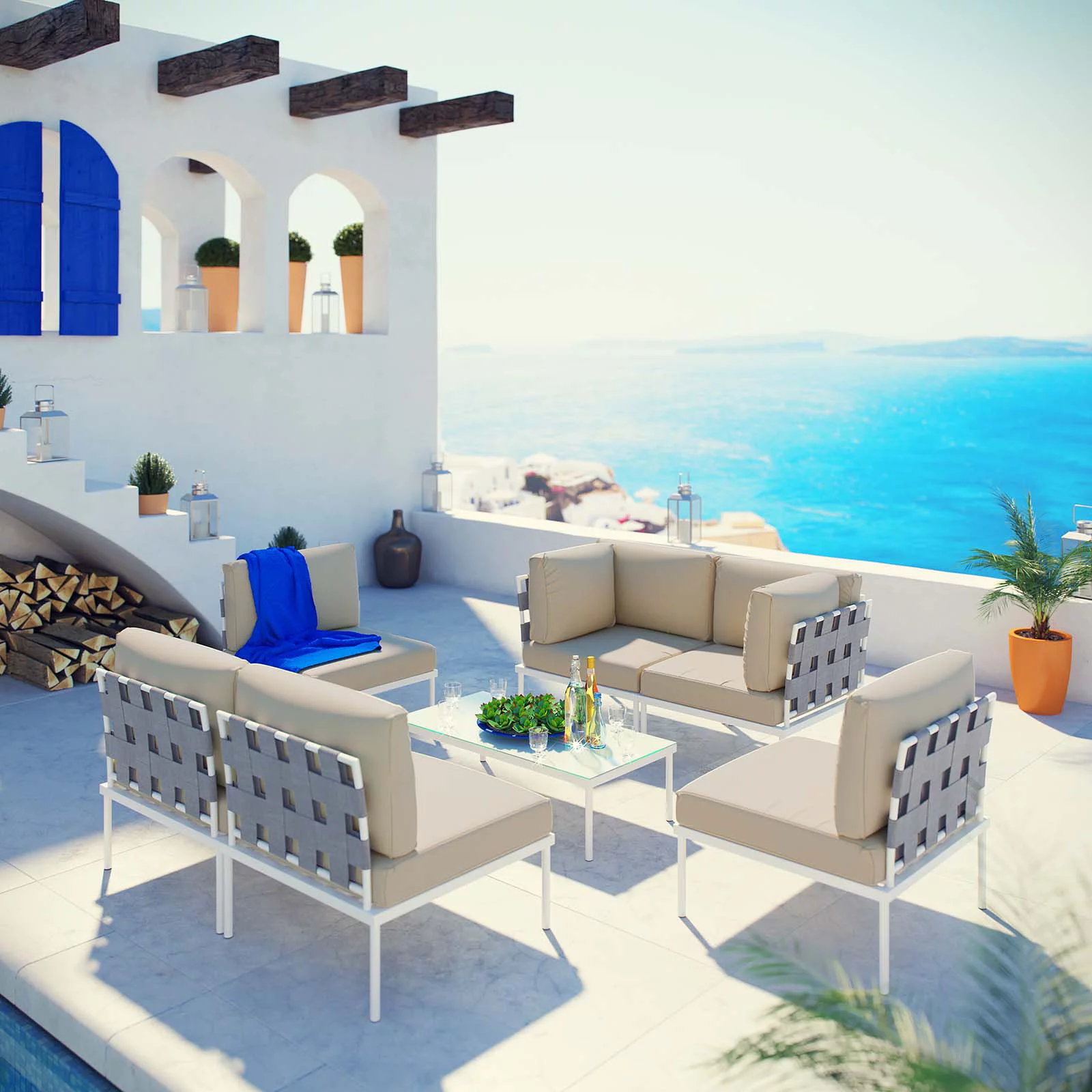 Modern Contemporary Urban Design Outdoor Patio Balcony Seven PCS Sectional Sofa Set, Beige White, Rattan