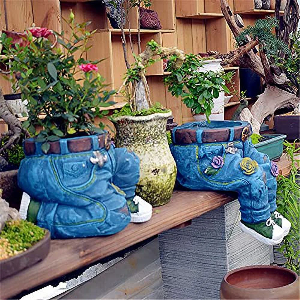 2Pcs Denim Pants Flower Pot Decoration Retro Resin Jeans Shape Garden Figurines Planter Containers Ornament for Home Lawn Yard Courtyard Denim Clothes Flower Vase Halloween Decor (2pcs)
