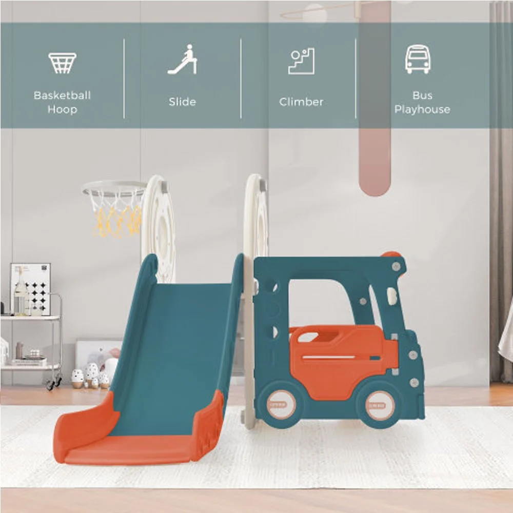 Slide with Bus Play Structure, with Basketball Hoop - Red