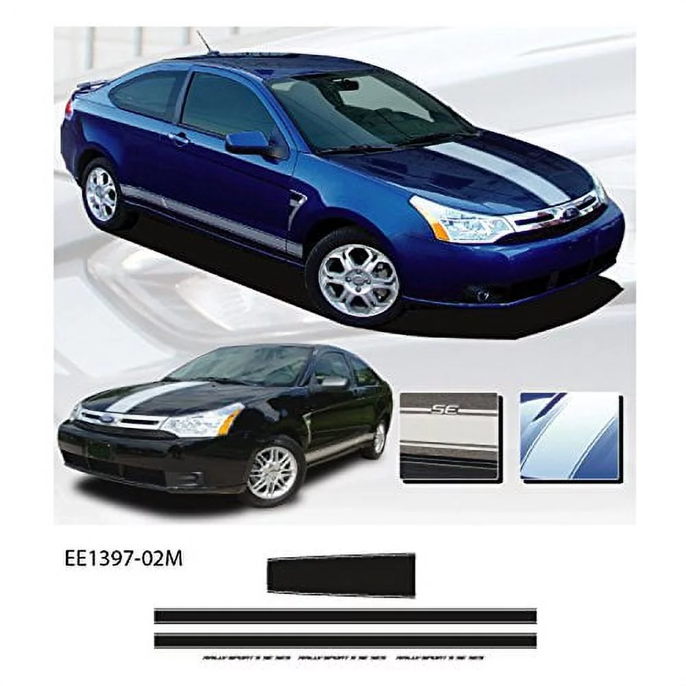 CarBeyondStore, Compatible with - Ford Focus 2008 to 2010 Gloss Black Rally Stripe Vinyl Graphics Kit