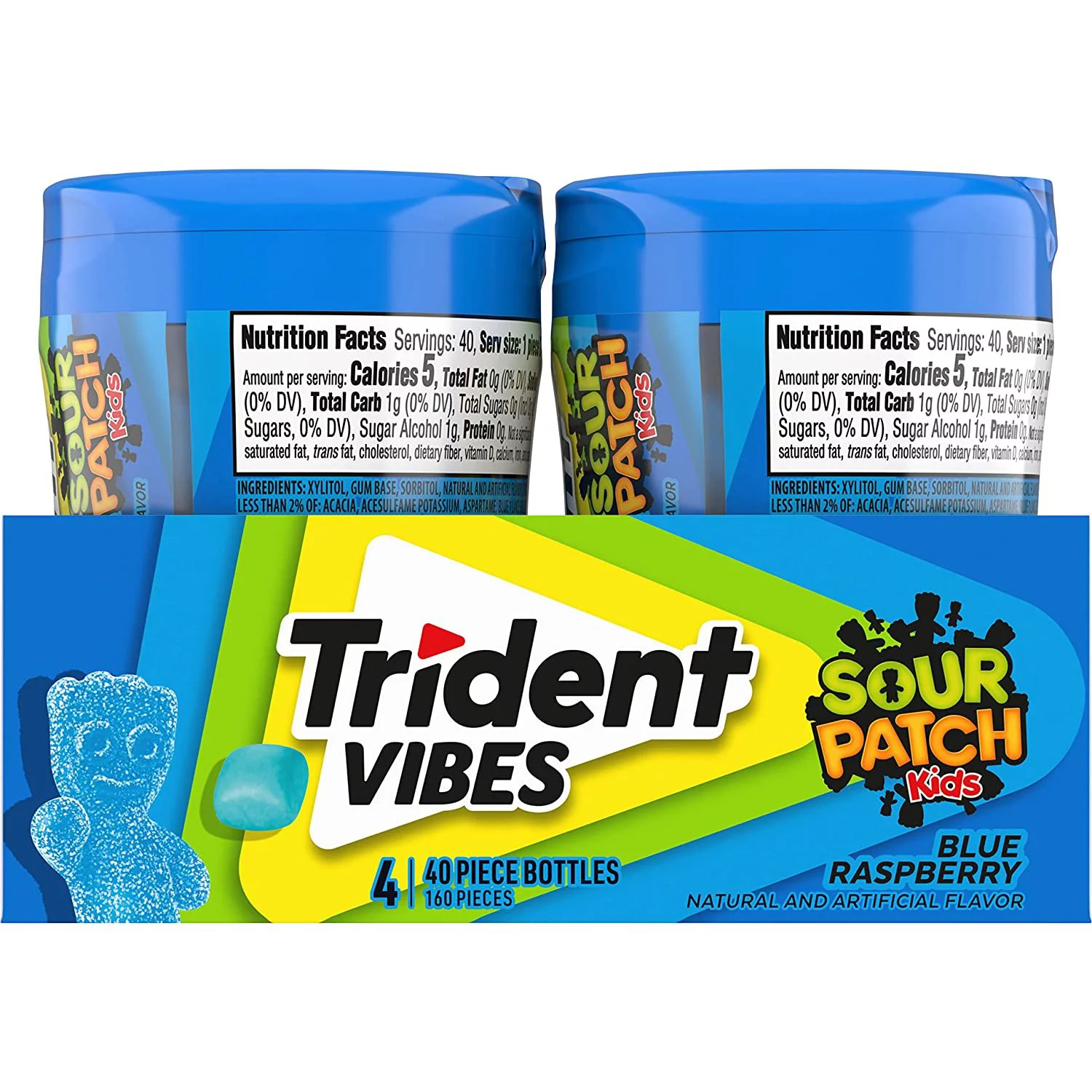 Trident Vibes SOUR PATCH KIDS Blue Raspberry Sugar Free Gum, 4-40 Piece Bottles 160 Total Pieces