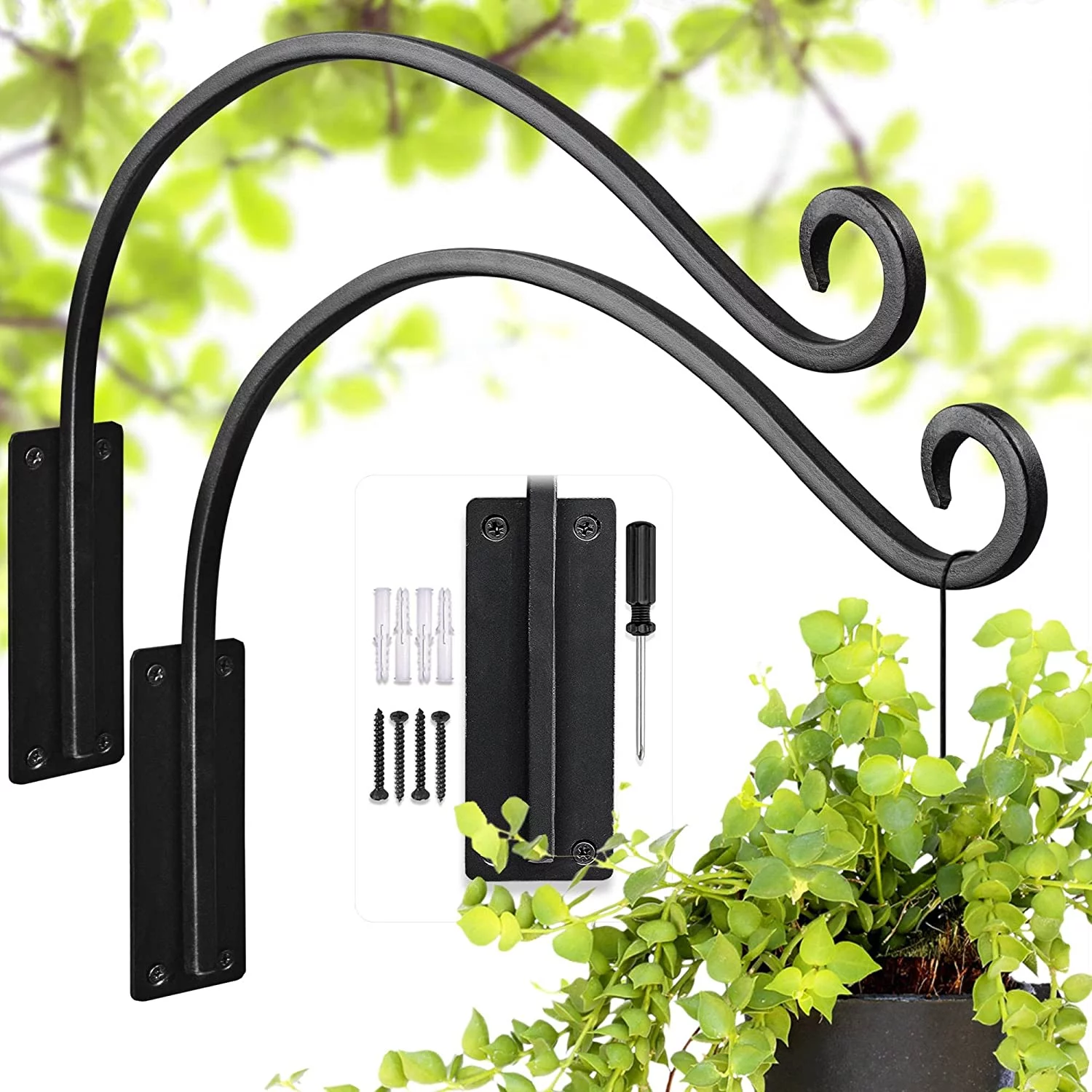 2PCS Heavy Duty Plant Hanger Bracket - Outdoor Hand-Forged Hanging Plant Bracket Durable and Stable Bird Feeder Hanger